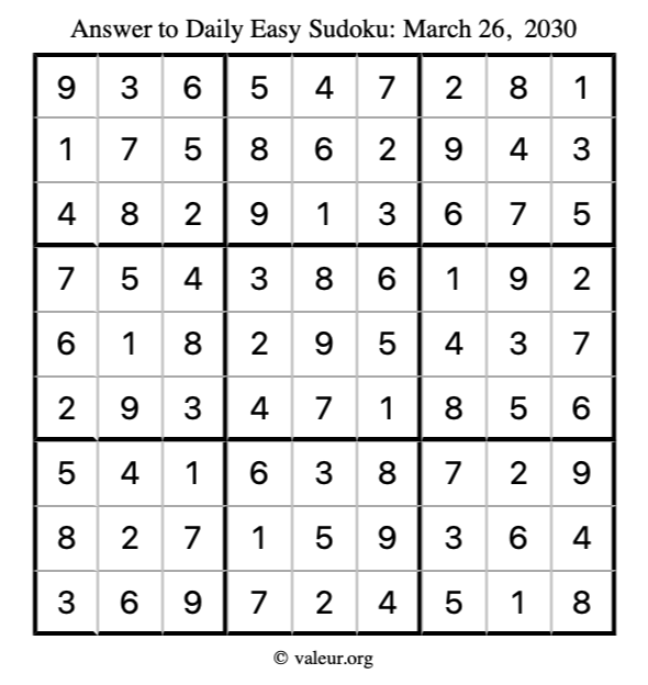 Answer to easy sudoku March 26, 2030