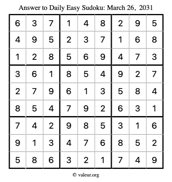 Answer to easy sudoku March 26, 2031