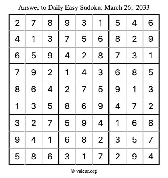 Answer to easy sudoku March 26, 2033
