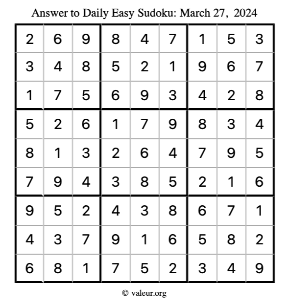 Answer to easy sudoku March 27, 2024
