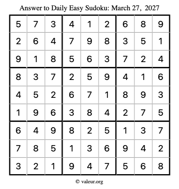 Answer to easy sudoku March 27, 2027
