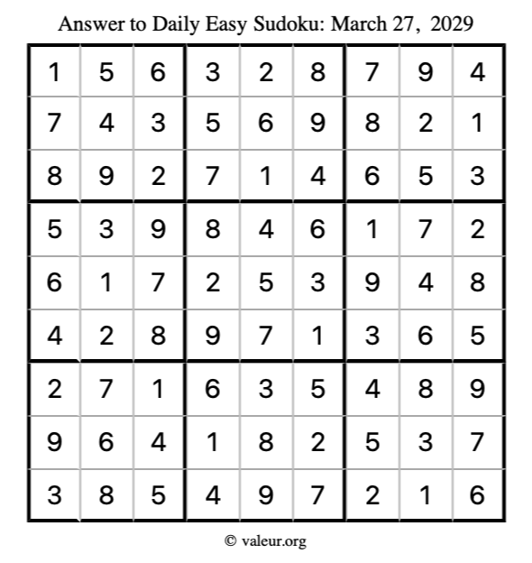 Answer to easy sudoku March 27, 2029