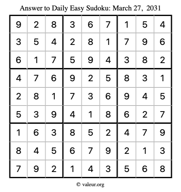 Answer to easy sudoku March 27, 2031