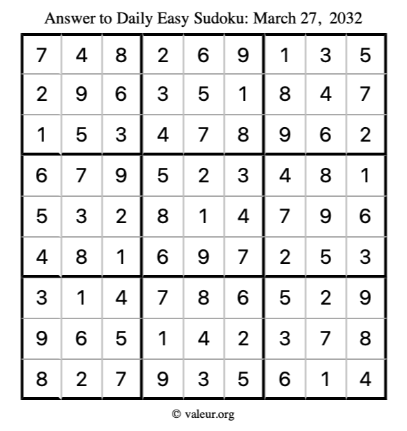 Answer to easy sudoku March 27, 2032