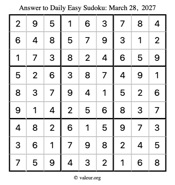 Answer to easy sudoku March 28, 2027