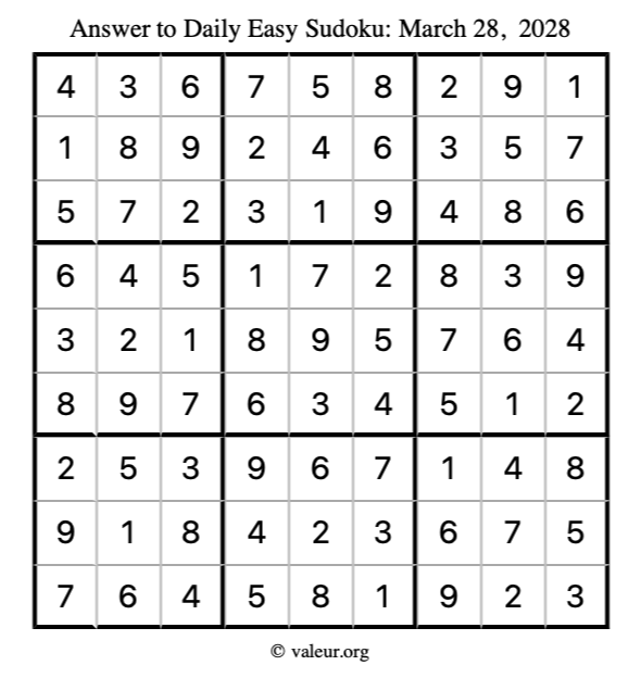 Answer to easy sudoku March 28, 2028