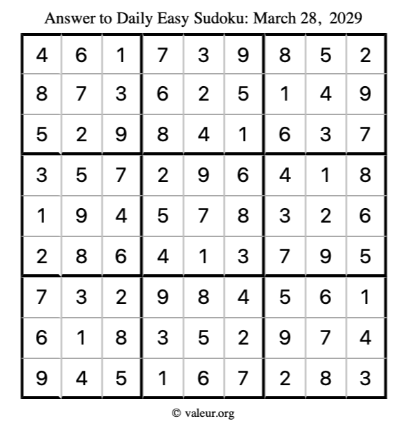 Answer to easy sudoku March 28, 2029