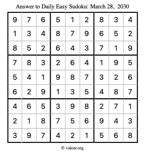 Answer to easy sudoku March 28, 2030