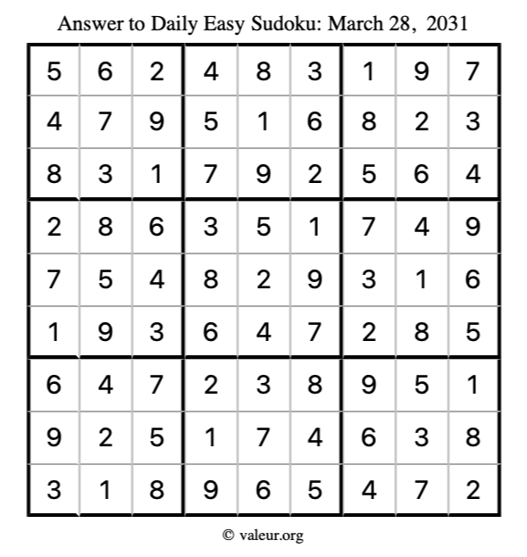 Answer to easy sudoku March 28, 2031
