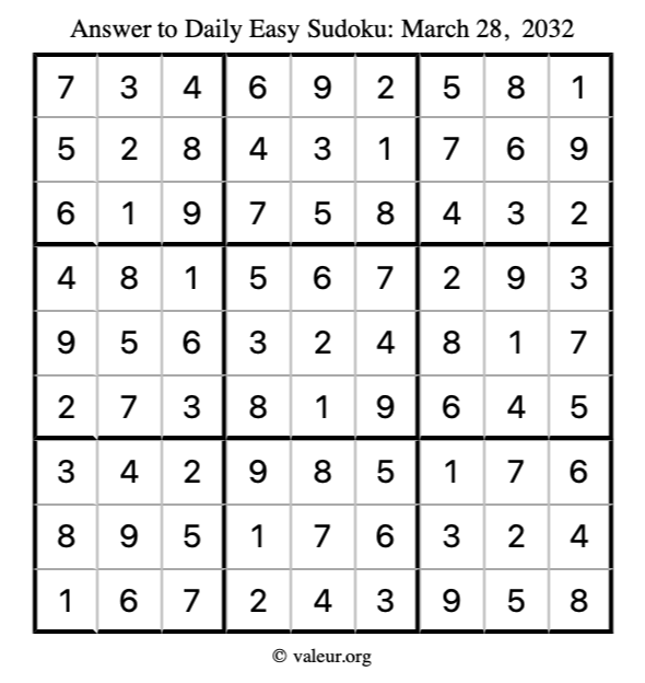 Answer to easy sudoku March 28, 2032