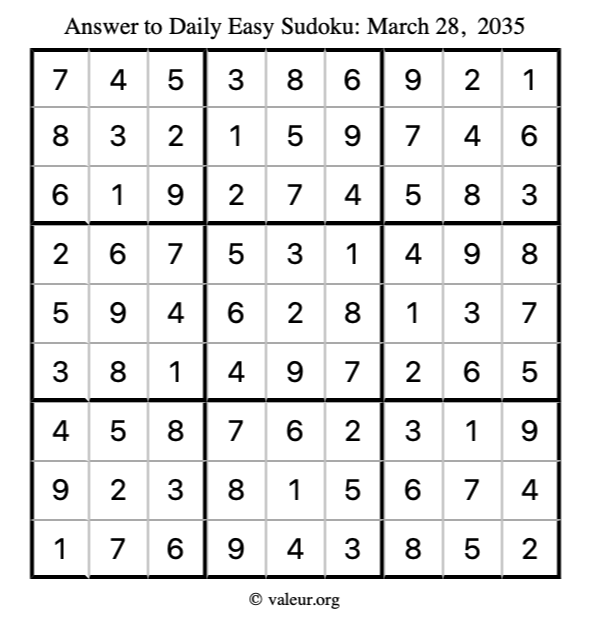 Answer to easy sudoku March 28, 2035
