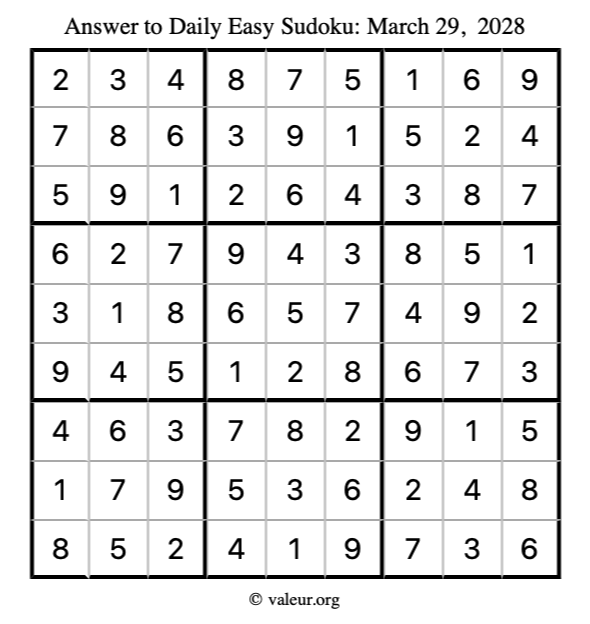 Answer to easy sudoku March 29, 2028