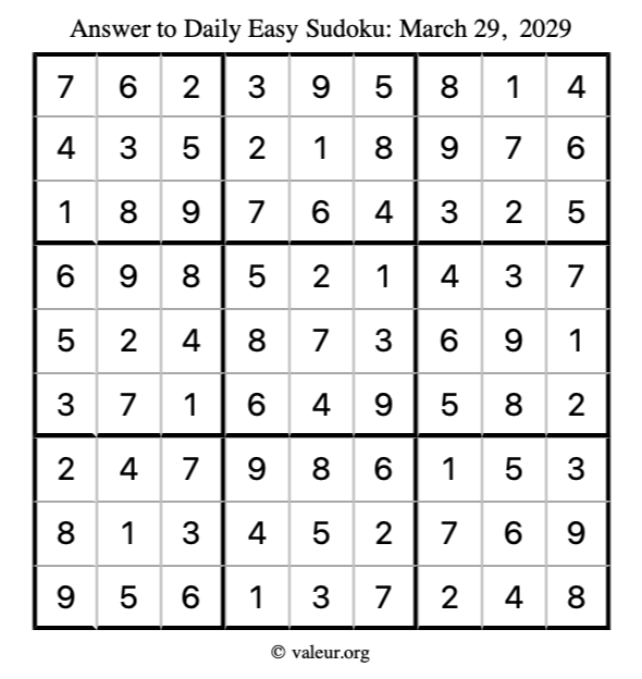 Answer to easy sudoku March 29, 2029