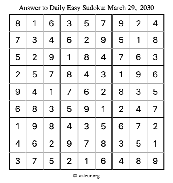 Answer to easy sudoku March 29, 2030