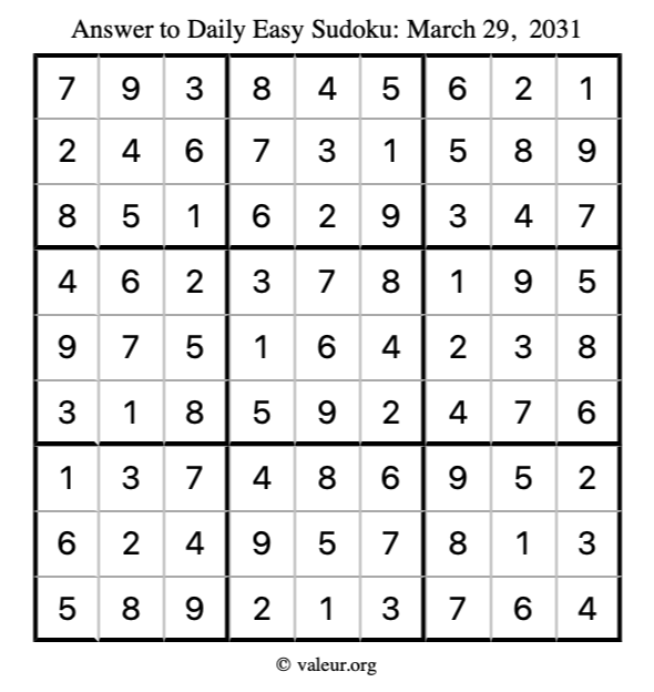 Answer to easy sudoku March 29, 2031