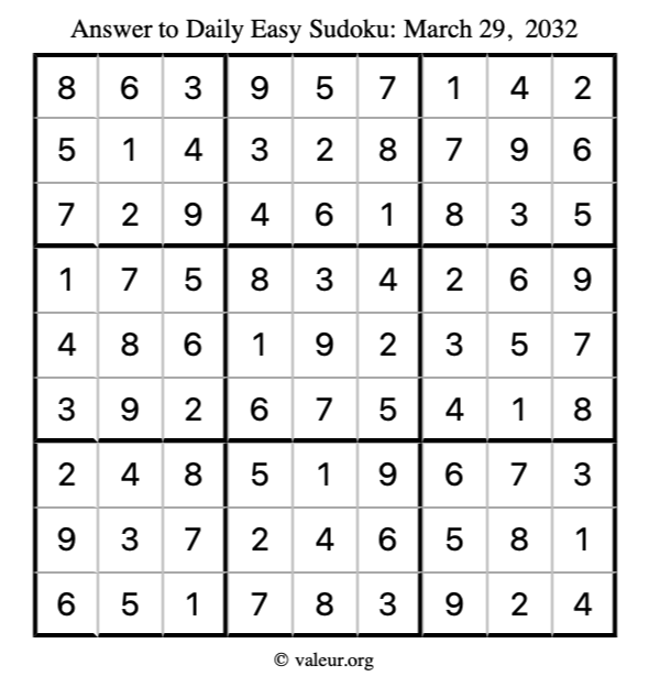 Answer to easy sudoku March 29, 2032