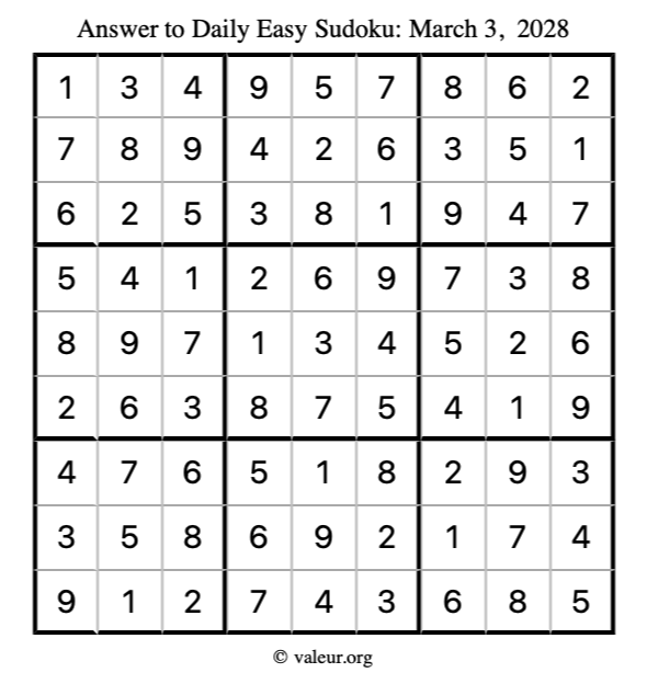 Answer to easy sudoku March 3, 2028