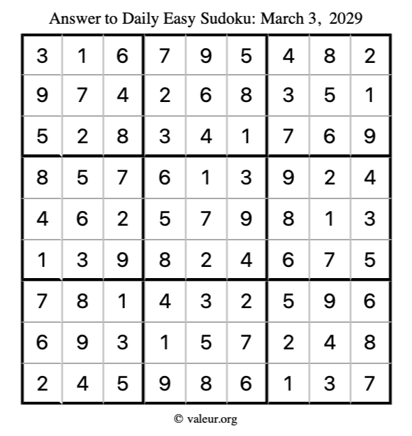 Answer to easy sudoku March 3, 2029