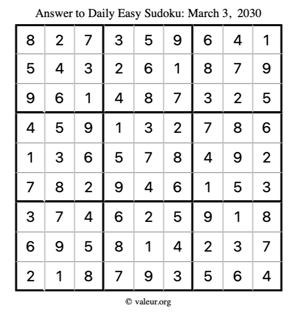 Answer to easy sudoku March 3, 2030