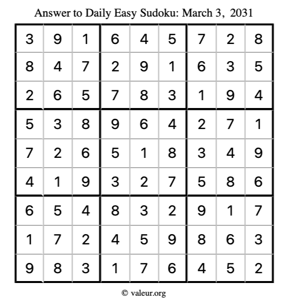 Answer to easy sudoku March 3, 2031