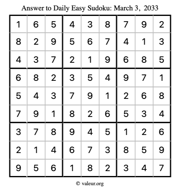 Answer to easy sudoku March 3, 2033