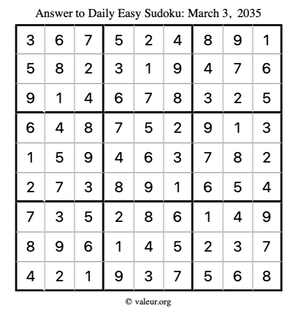 Answer to easy sudoku March 3, 2035