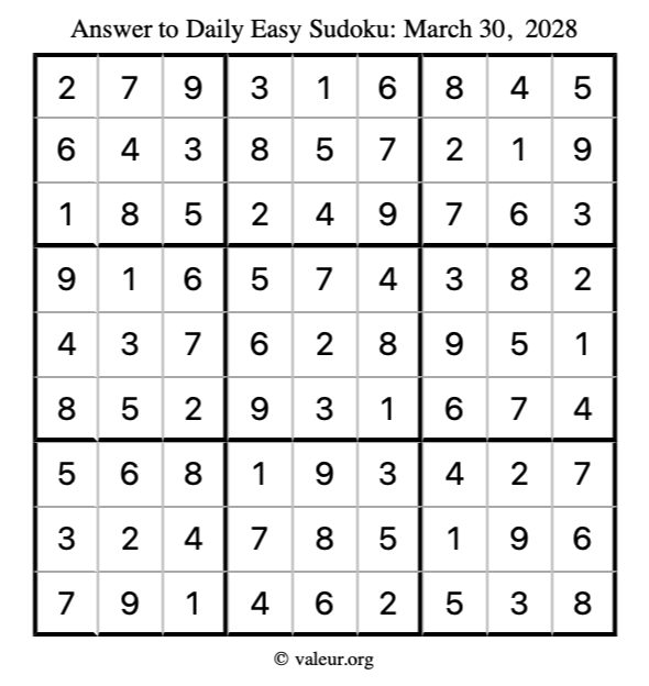 Answer to easy sudoku March 30, 2028