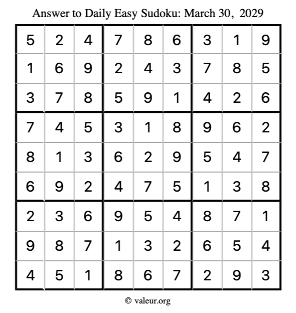 Answer to easy sudoku March 30, 2029