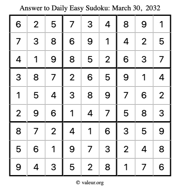 Answer to easy sudoku March 30, 2032