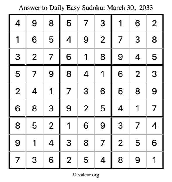 Answer to easy sudoku March 30, 2033