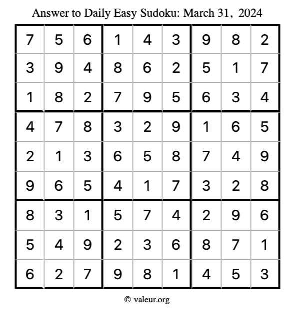 Answer to easy sudoku March 31, 2024