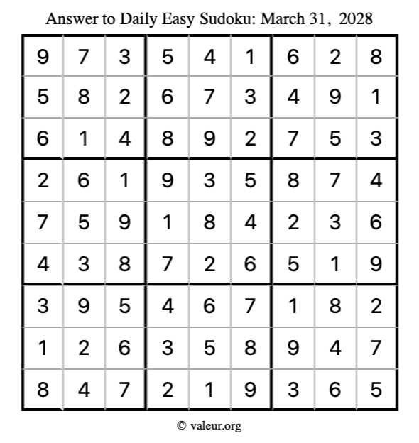 Answer to easy sudoku March 31, 2028