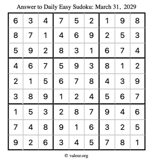 Answer to easy sudoku March 31, 2029