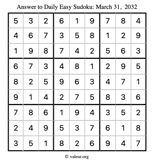 Answer to easy sudoku March 31, 2032