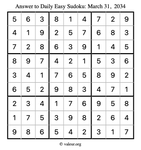 Answer to easy sudoku March 31, 2034
