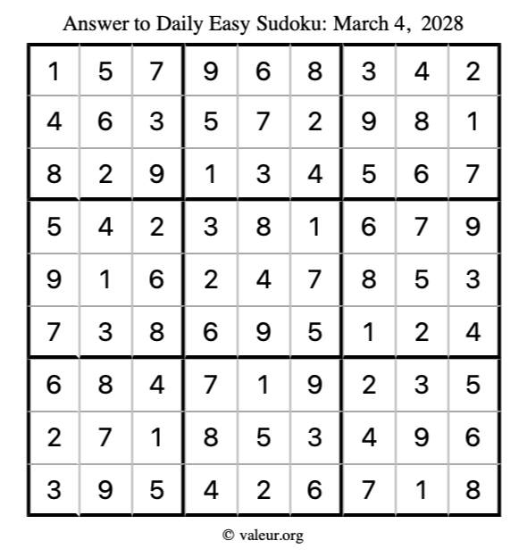 Answer to easy sudoku March 4, 2028
