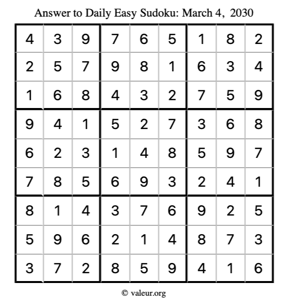 Answer to easy sudoku March 4, 2030