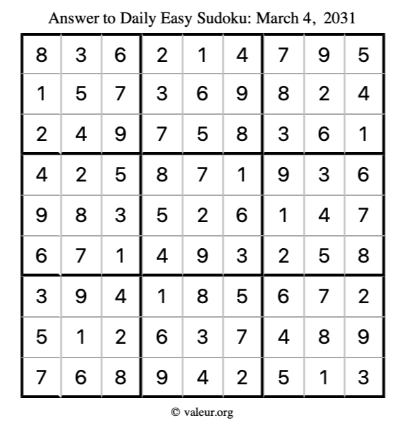 Answer to easy sudoku March 4, 2031