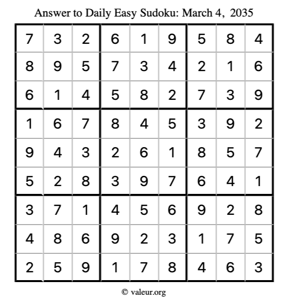 Answer to easy sudoku March 4, 2035