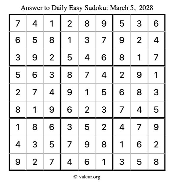 Answer to easy sudoku March 5, 2028