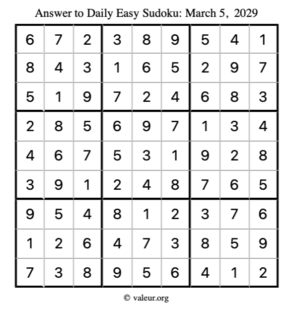 Answer to easy sudoku March 5, 2029
