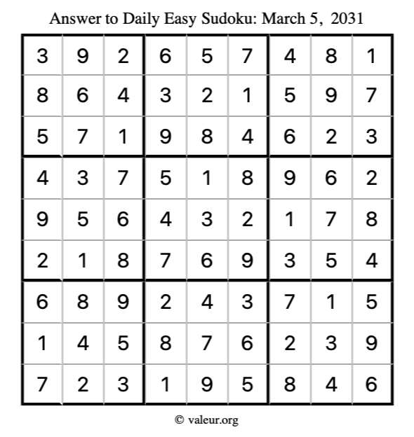 Answer to easy sudoku March 5, 2031