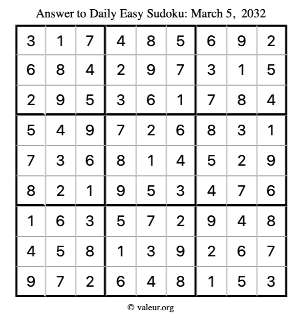 Answer to easy sudoku March 5, 2032