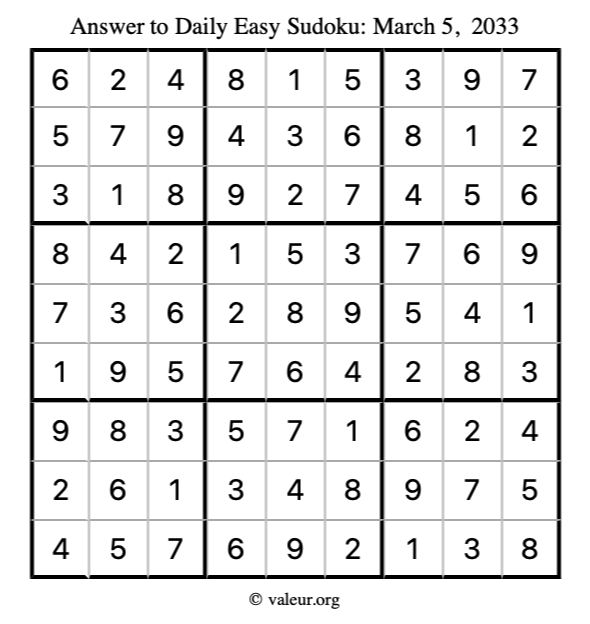Answer to easy sudoku March 5, 2033
