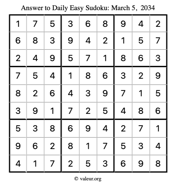 Answer to easy sudoku March 5, 2034