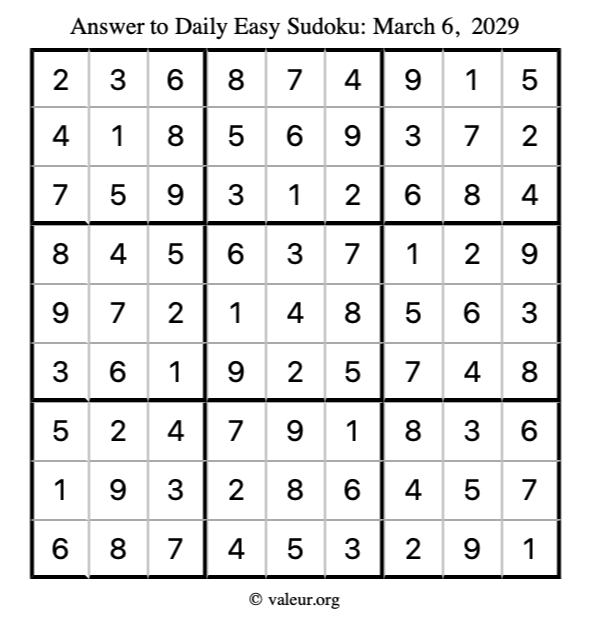 Answer to easy sudoku March 6, 2029
