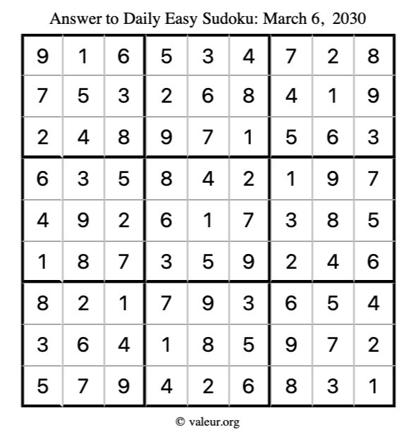 Answer to easy sudoku March 6, 2030
