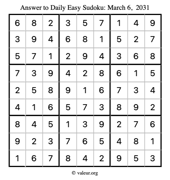 Answer to easy sudoku March 6, 2031