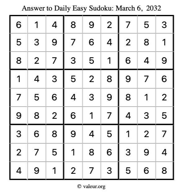 Answer to easy sudoku March 6, 2032