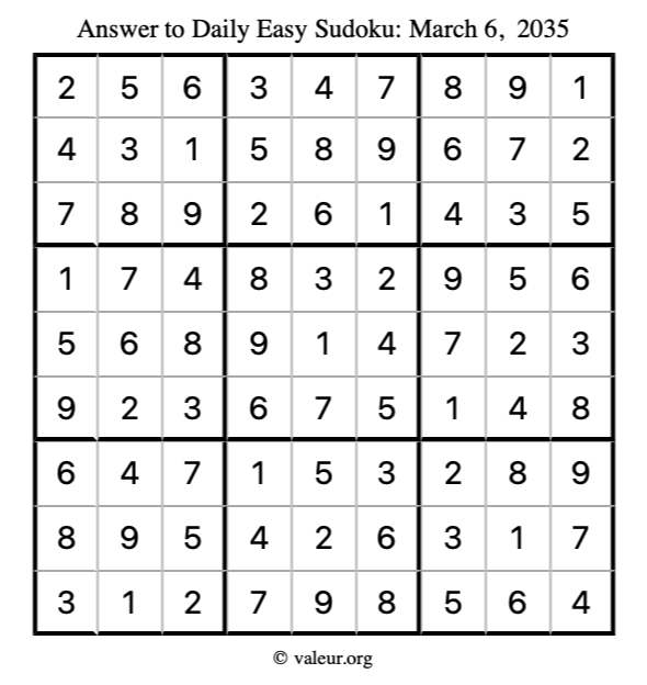 Answer to easy sudoku March 6, 2035